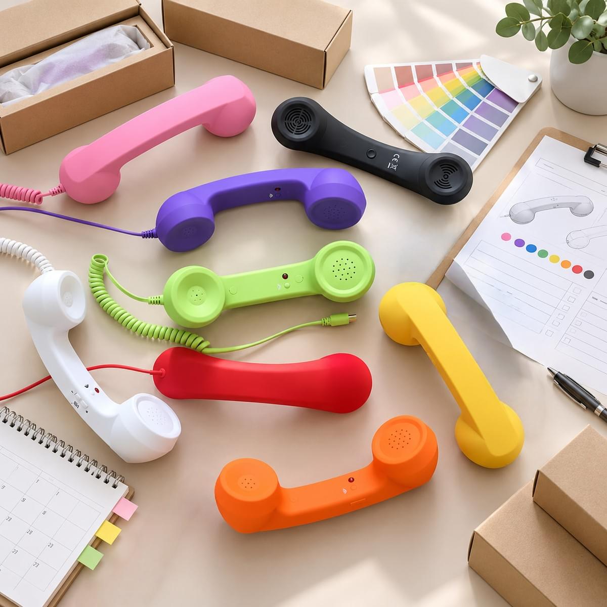 Colorful retro phone handset samples in multiple colors displayed with packaging boxes, color swatches and product planning materials for NEW POWER TECH OEM/ODM wholesale projects. Colorful retro phone handset samples in multiple colors displayed with packaging boxes, color swatches and product planning materials for NEW POWER TECH OEM/ODM wholesale projects.