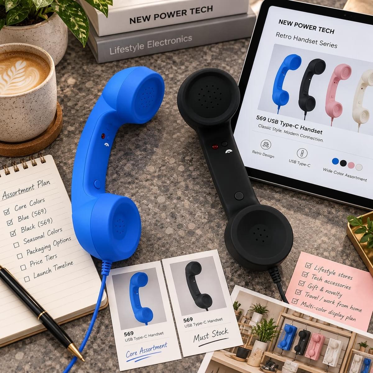 Retail assortment planning desk with retro phone handsets for lifestyle store buyers Retail assortment planning desk with retro phone handsets for lifestyle store buyers