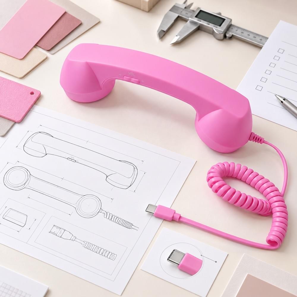 Pink retro phone handset with USB Type-C cable, technical drawing, color swatches and measuring tools on a product development workspace Pink retro phone handset with USB Type-C cable, technical drawing, color swatches and measuring tools on a product development workspace