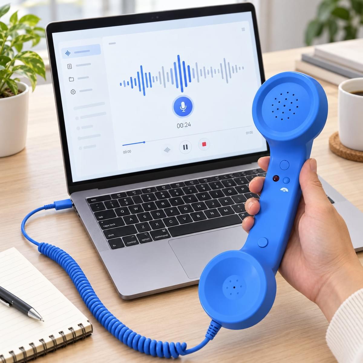 Blue USB Type-C retro phone handset connected to a laptop for modern voice and AI applications Blue USB Type-C retro phone handset connected to a laptop for modern voice and AI applications