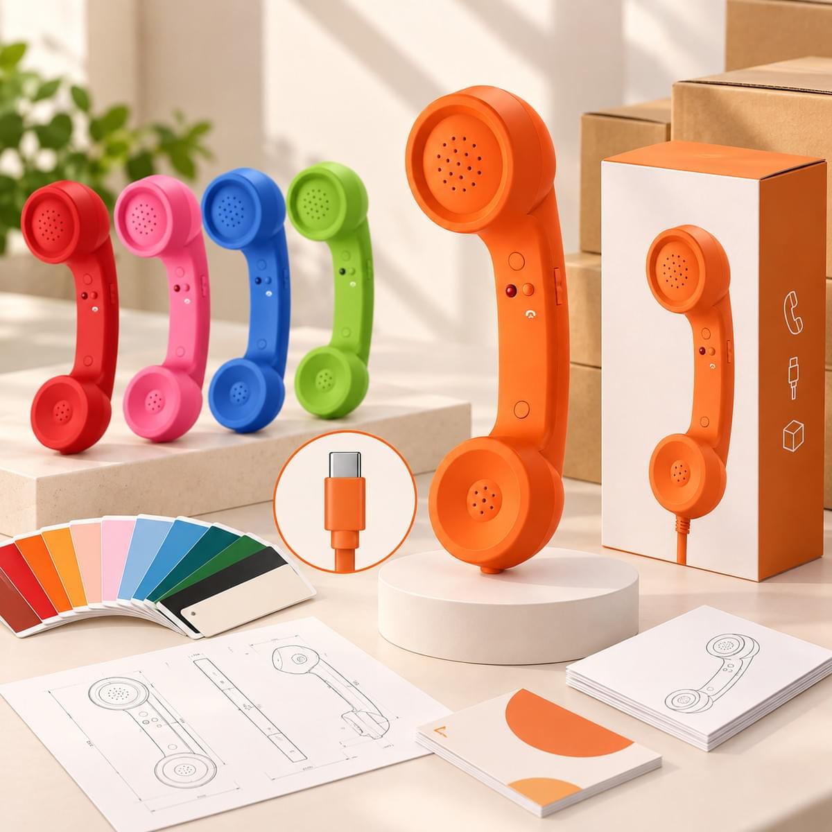 OEM retro phone handset solutions with custom colors, packaging, USB Type-C option, product drawings and branding materials for B2B projects OEM retro phone handset solutions with custom colors, packaging, USB Type-C option, product drawings and branding materials for B2B projects