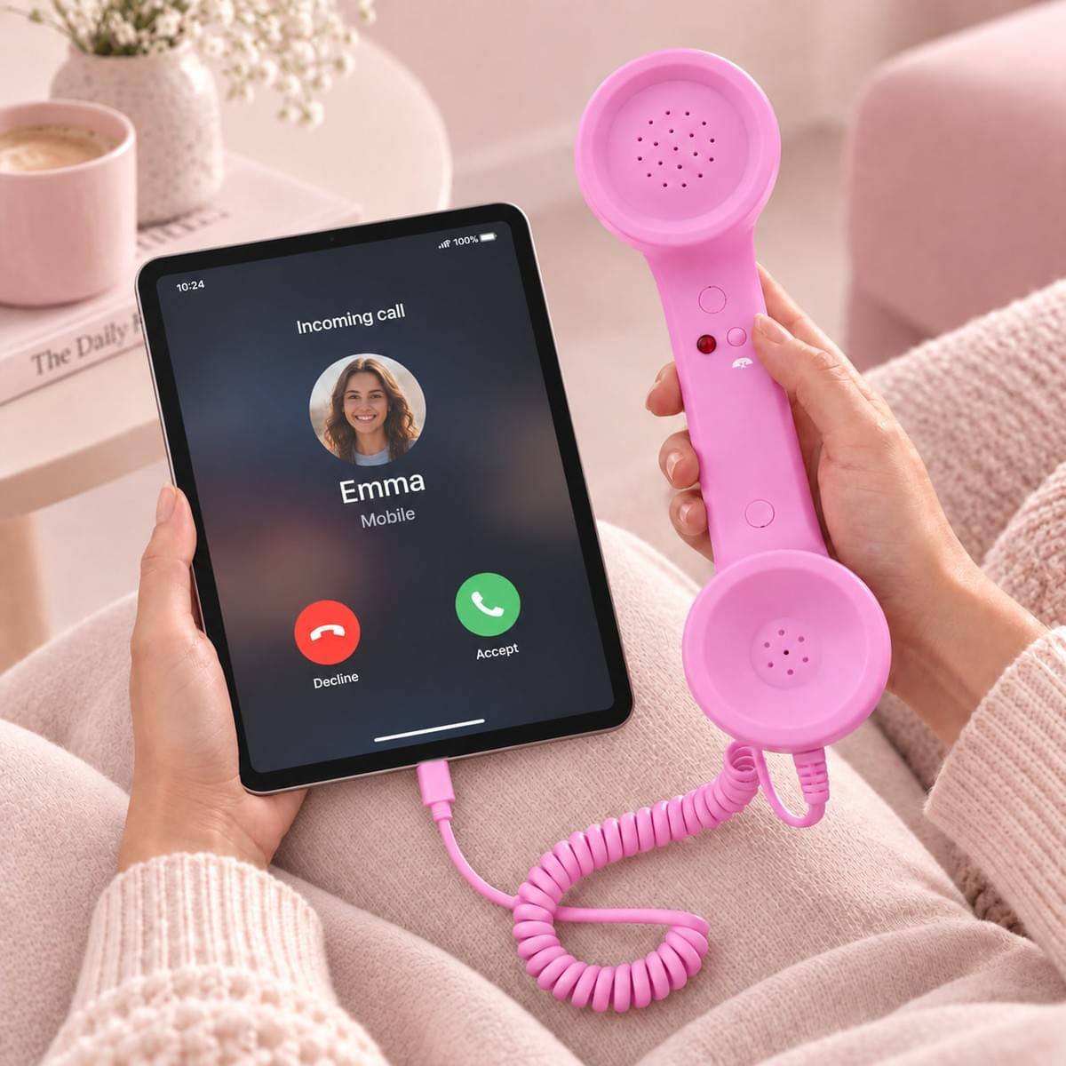 Retro phone handset connected to a tablet for voice calls, online communication and everyday iPad use Retro phone handset connected to a tablet for voice calls, online communication and everyday iPad use