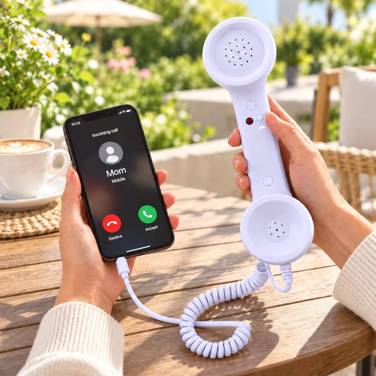 White 3.5mm retro phone handset with wired audio connector for compatible computers and communication devices White 3.5mm retro phone handset with wired audio connector for compatible computers and communication devices