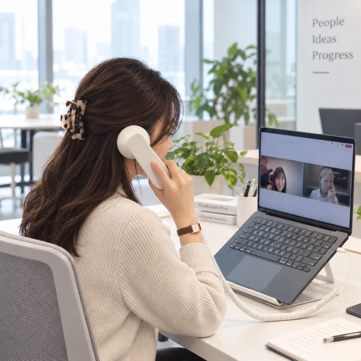 Retro phone handset used for office and remote work with a laptop Retro phone handset used for office and remote work with a laptop