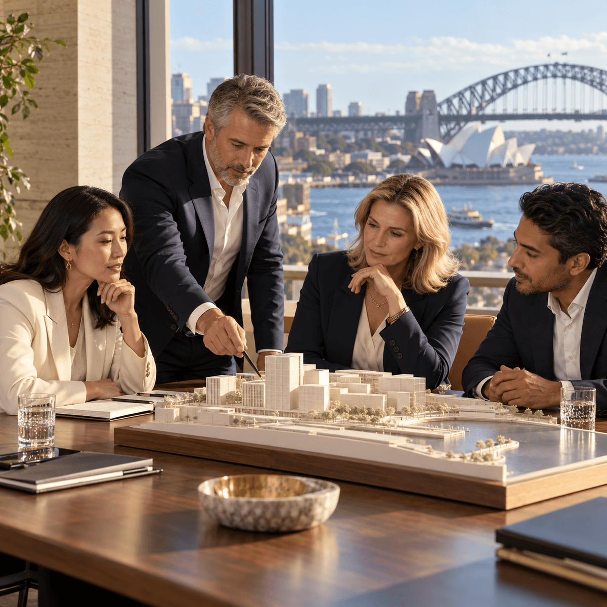 Illustrative company representatives reviewing a project model — corporate membership. Illustrative company representatives reviewing a project model — corporate membership.