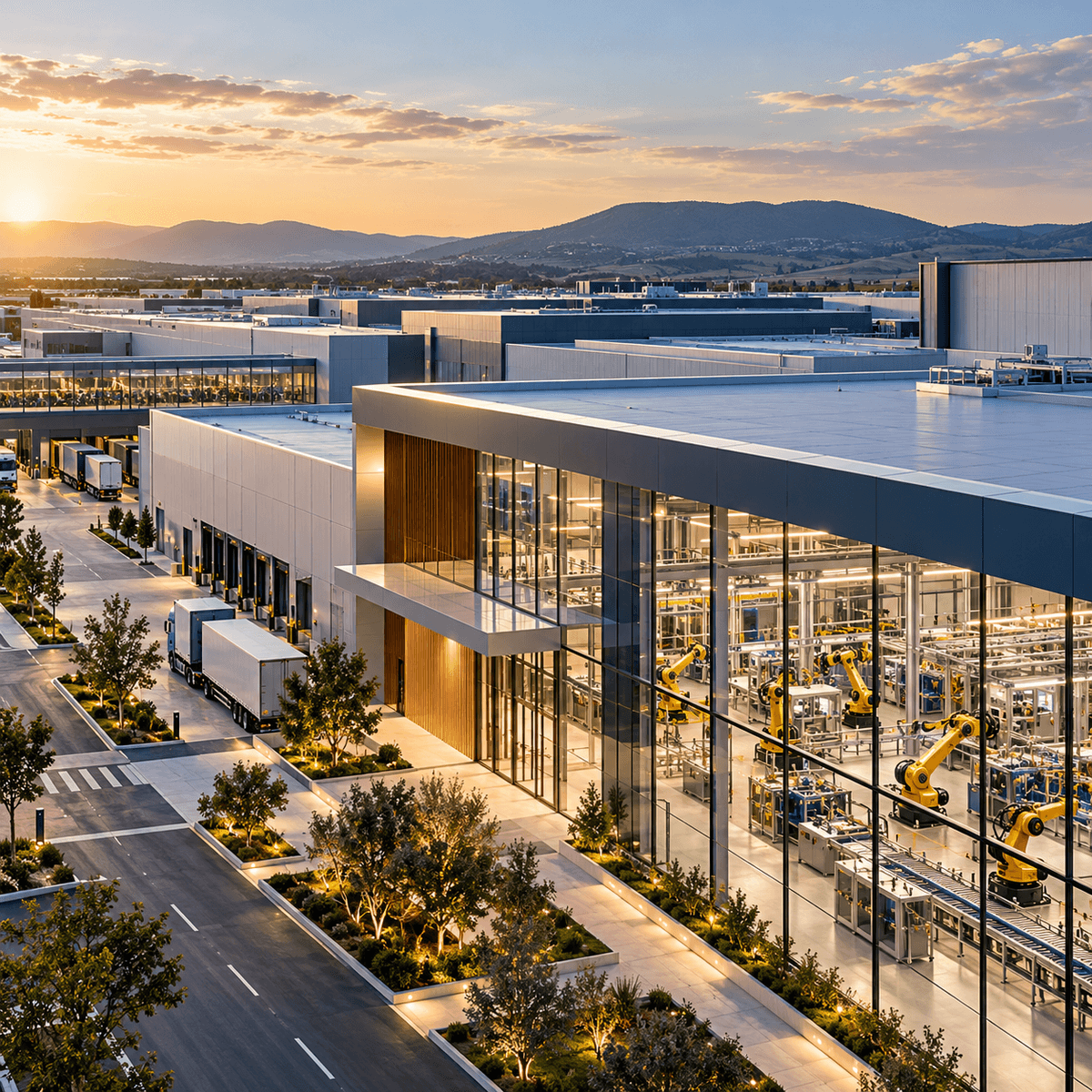 Illustrative advanced manufacturing campus — corporate and industrial capital. Illustrative advanced manufacturing campus — corporate and industrial capital.