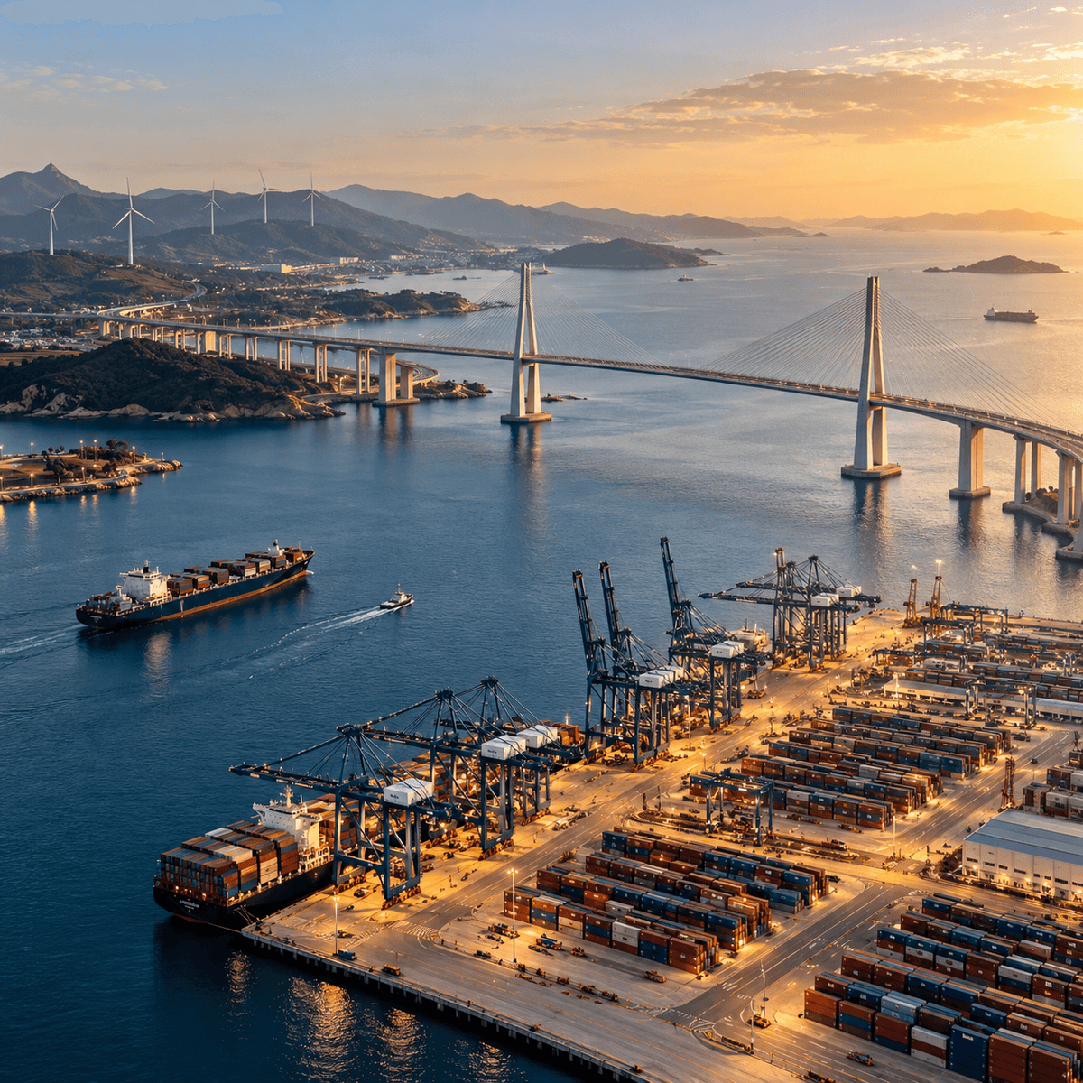 Illustrative port, bridge and renewable energy infrastructure — sovereign and strategic capital. Illustrative port, bridge and renewable energy infrastructure — sovereign and strategic capital.