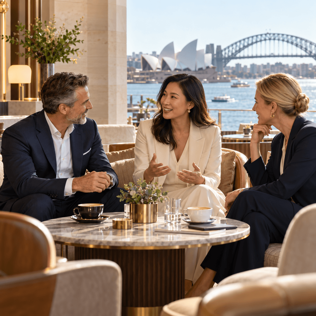 Illustrative member conversation in a Sydney waterfront lounge — individual membership. Illustrative member conversation in a Sydney waterfront lounge — individual membership.