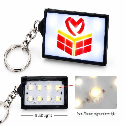 Close-up of LED light-up keychain details Close-up of LED light-up keychain details