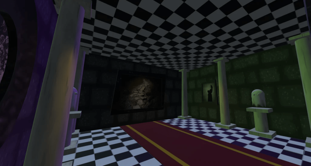 A rectangular hall with a black and white checkerboard ceiling and floor. A red carpet with gold trim runs down the middle. Spooky paintings are displayed on the walls and a ghost sits atop a short pedestal. A rectangular hall with a black and white checkerboard ceiling and floor. A red carpet with gold trim runs down the middle. Spooky paintings are displayed on the walls and a ghost sits atop a short pedestal.