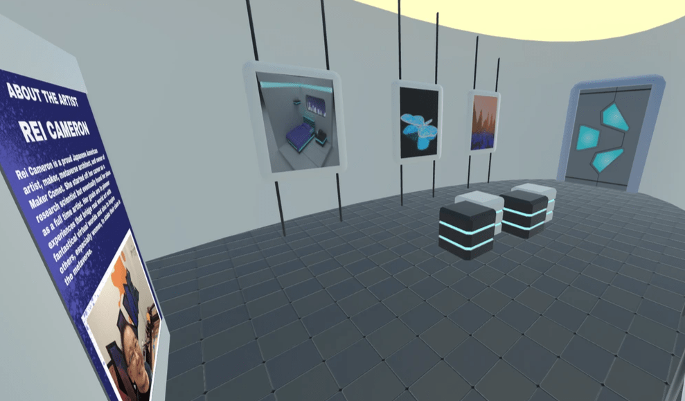 A white, oval-shaped gallery with pale yellow light coming down from the ceiling. An information kiosk to the left of the image displays the artist's info. Three rectangular portraits on the wall hang suspended by black pipes. There are four cubes in the middle for seating. They are alternately colored black and white and have two bands of blue neon lights running around their centers. A door with geometric neon blue designs is at the end of the gallery to the right. A white, oval-shaped gallery with pale yellow light coming down from the ceiling. An information kiosk to the left of the image displays the artist's info. Three rectangular portraits on the wall hang suspended by black pipes. There are four cubes in the middle for seating. They are alternately colored black and white and have two bands of blue neon lights running around their centers. A door with geometric neon blue designs is at the end of the gallery to the right.