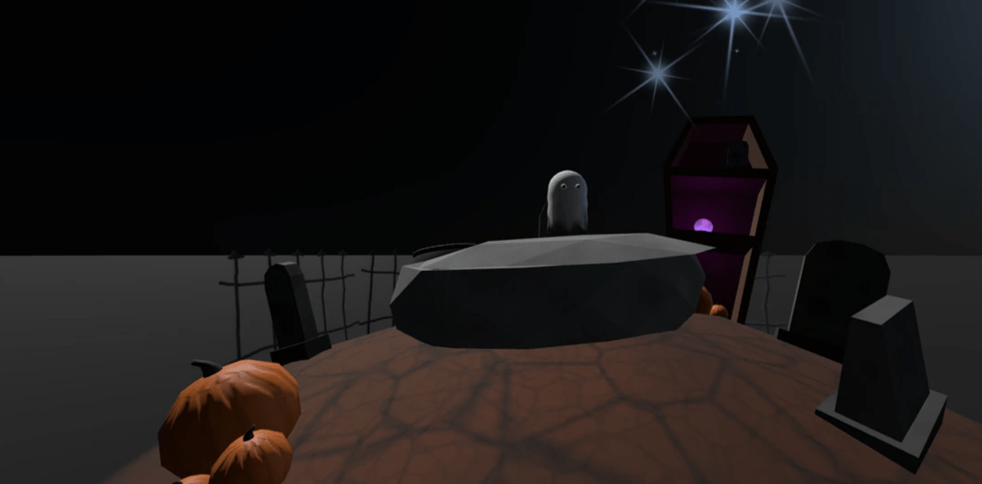 A dirt hill in the middle of a dark, bleak environment. The desk in this office is a coffin with a ghost standing behind it. The space is decorated with pumpkins and gravestones. There is a coffin-shaped bookshelf in the background and a spooky railing encircling the back half of the office. A dirt hill in the middle of a dark, bleak environment. The desk in this office is a coffin with a ghost standing behind it. The space is decorated with pumpkins and gravestones. There is a coffin-shaped bookshelf in the background and a spooky railing encircling the back half of the office.