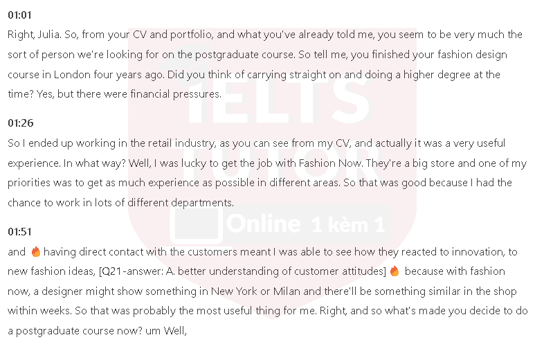 What is the main thing Julia feels she has gained from her experience in retail?: Đề thi IELTS LISTENING (practice test) What is the main thing Julia feels she has gained from her experience in retail?: Đề thi IELTS LISTENING (practice test)