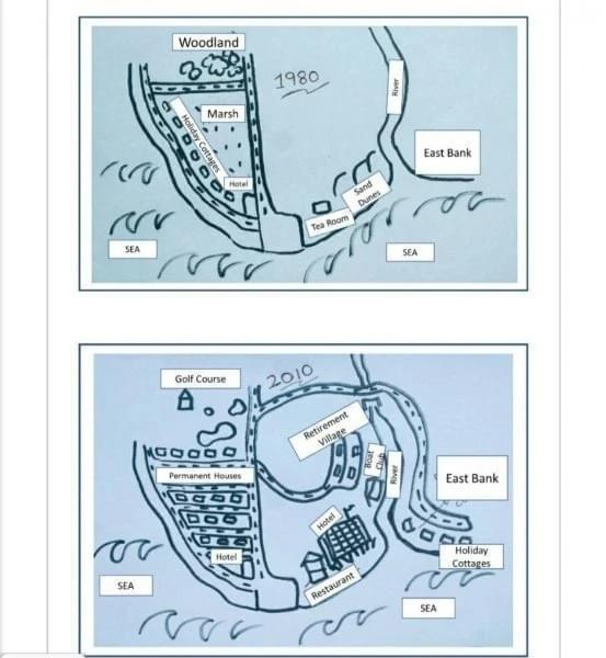 The diagrams below show the coastal village of Seaville in 1980 and 2010 The diagrams below show the coastal village of Seaville in 1980 and 2010