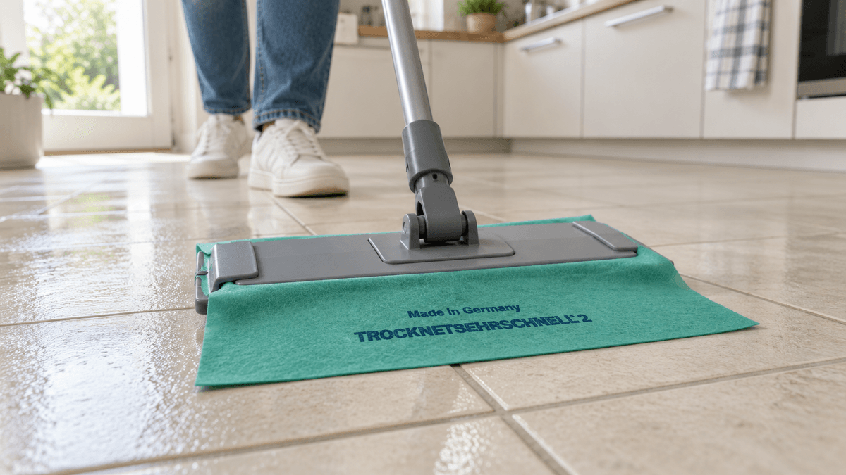 Serpillière verte TrocknetSehrSchnell sur un balai plat pour nettoyer un sol carrelé. Serpillière verte TrocknetSehrSchnell sur un balai plat pour nettoyer un sol carrelé.