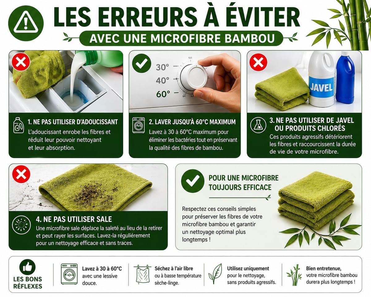 Infographie montrant les erreurs à éviter avec une microfibre bambou et les bonnes pratiques d’entretien et de lavage Infographie montrant les erreurs à éviter avec une microfibre bambou et les bonnes pratiques d’entretien et de lavage