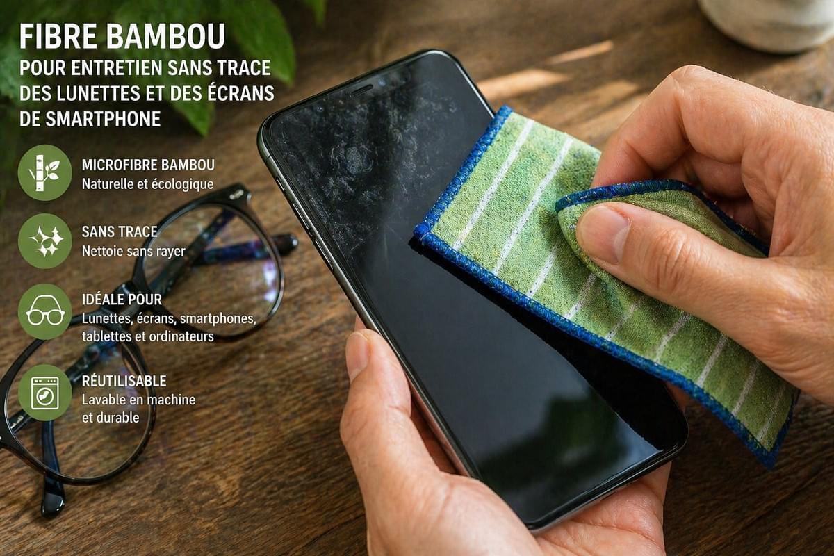 Microfibre bambou utilisée pour nettoyer un écran de smartphone et des lunettes sans laisser de traces Microfibre bambou utilisée pour nettoyer un écran de smartphone et des lunettes sans laisser de traces