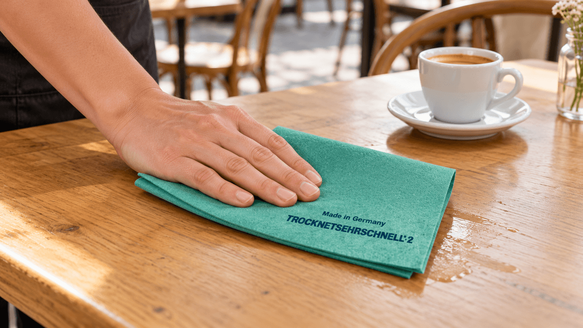Nettoyage d’une table de café avec la fibre moyenne verte TrocknetSehrSchnell. Nettoyage d’une table de café avec la fibre moyenne verte TrocknetSehrSchnell.