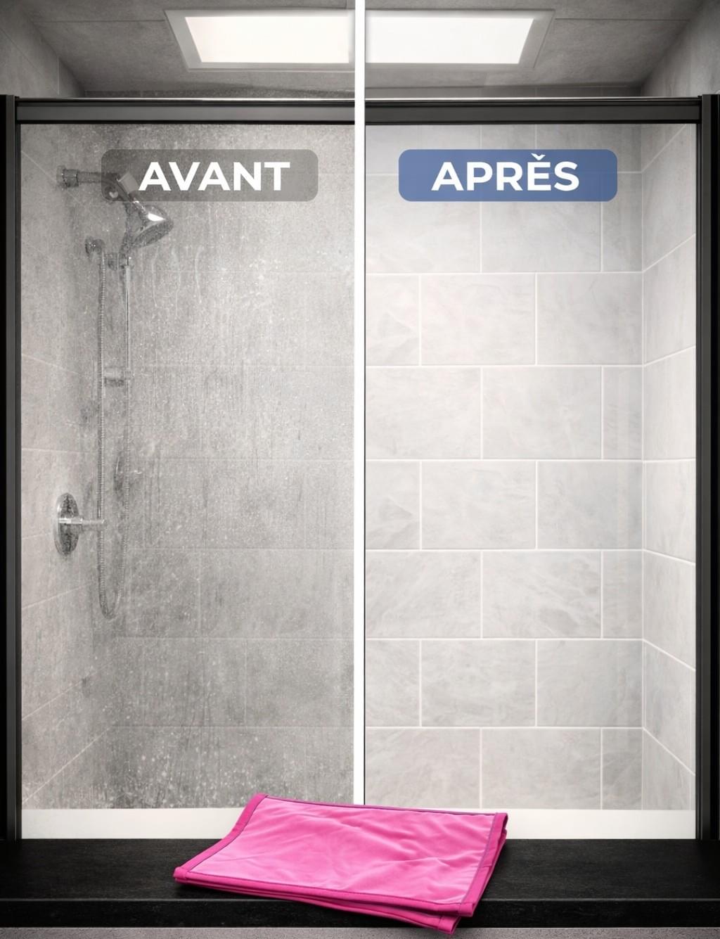 Nettoyage paroi de douche avant après avec nanofibre Nanotuch sans traces Nettoyage paroi de douche avant après avec nanofibre Nanotuch sans traces