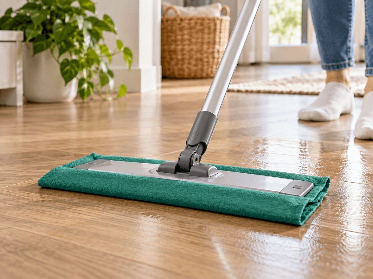 Fibre TrocknetSehrSchnell verte utilisée sur un balai plat pour laver les sols avec une lingette lavable et réutilisable Fibre TrocknetSehrSchnell verte utilisée sur un balai plat pour laver les sols avec une lingette lavable et réutilisable