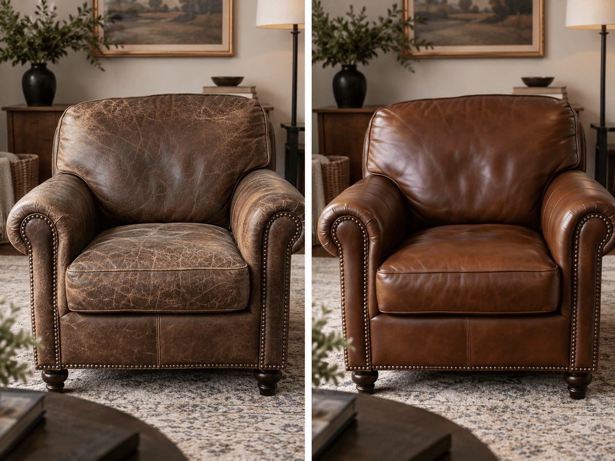 Fauteuil en cuir abîmé avant et après rénovation et entretien Fauteuil en cuir abîmé avant et après rénovation et entretien