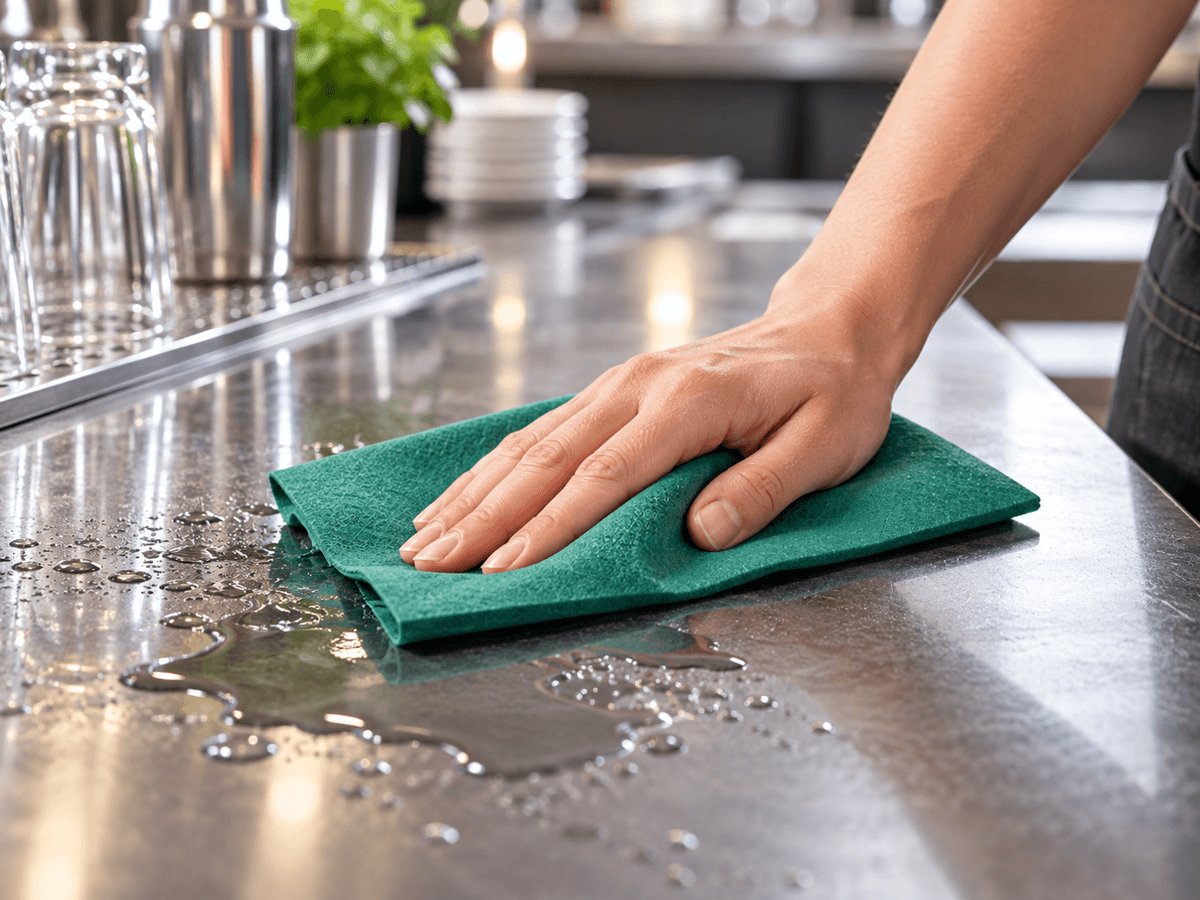 Fibre verte TrocknetSehrSchnell utilisée pour absorber l’eau sur un comptoir de bar ou de cuisine professionnelle Fibre verte TrocknetSehrSchnell utilisée pour absorber l’eau sur un comptoir de bar ou de cuisine professionnelle