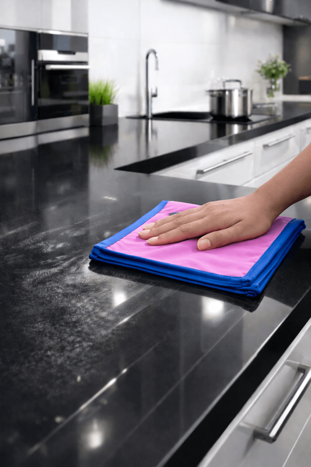 Nanofibre Nanotuch nettoyant un plan de travail de cuisine laquée sans laisser de traces Nanofibre Nanotuch nettoyant un plan de travail de cuisine laquée sans laisser de traces