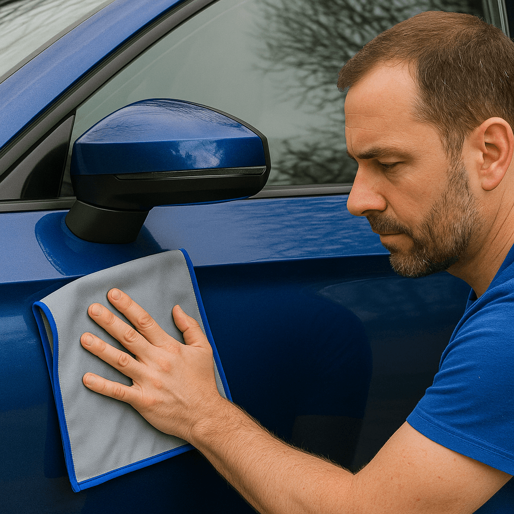 Un homme nettoie une carrosserie métallisée bleue avec une fibre Nanotuch®. Résultat net : surface brillante sans trace, contraste visible avec la zone non essuyée. Un homme nettoie une carrosserie métallisée bleue avec une fibre Nanotuch®. Résultat net : surface brillante sans trace, contraste visible avec la zone non essuyée.
