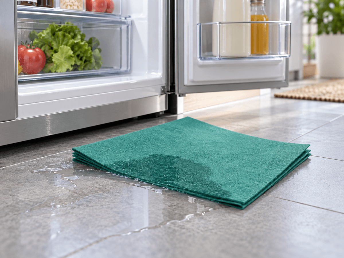 Fibre TrocknetSehrSchnell ultra-absorbante utilisée devant un réfrigérateur pour absorber l’eau au sol Fibre TrocknetSehrSchnell ultra-absorbante utilisée devant un réfrigérateur pour absorber l’eau au sol