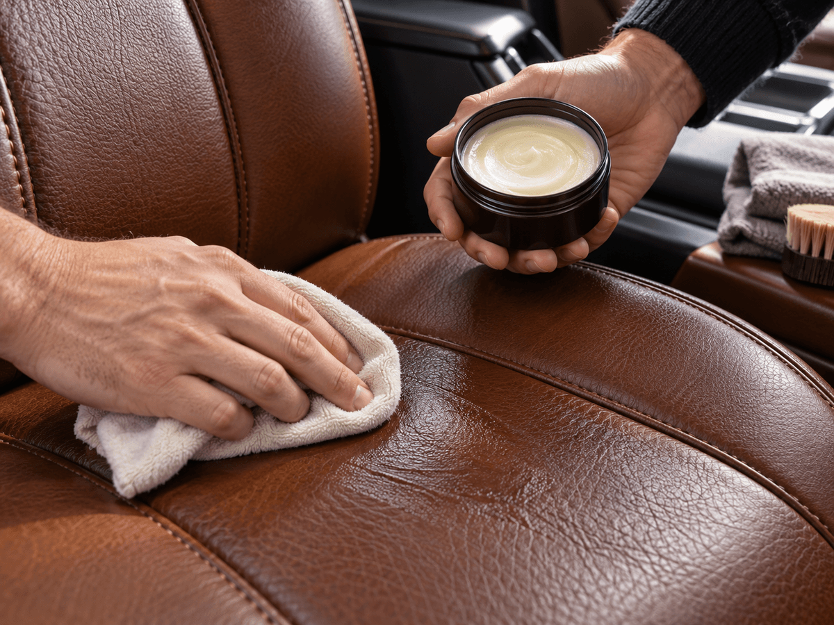 Application d'une crème Rénove Cuir sur un siège en cuir Application d'une crème Rénove Cuir sur un siège en cuir