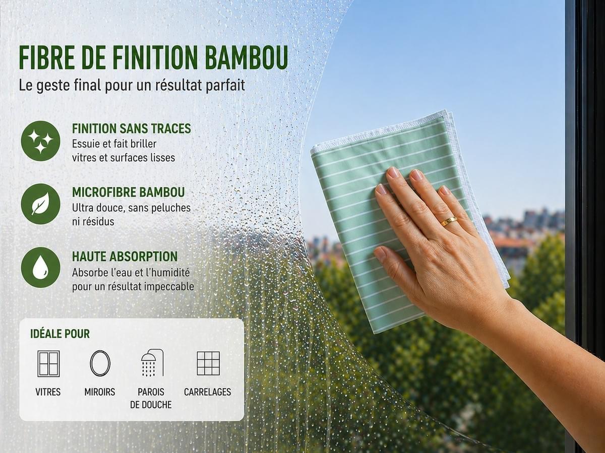 Fibre de finition en microfibre bambou essuyant une vitre pour un résultat sans traces Fibre de finition en microfibre bambou essuyant une vitre pour un résultat sans traces
