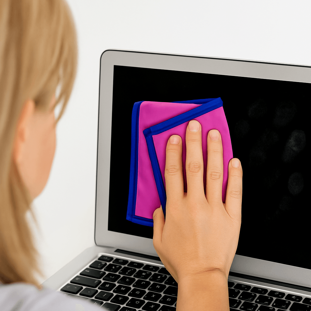Une femme nettoie l’écran de son ordinateur portable avec une fibre Nanotuch rose. La différence est nette : aucune trace là où la fibre est passée, des traces de doigts visibles ailleurs. Une femme nettoie l’écran de son ordinateur portable avec une fibre Nanotuch rose. La différence est nette : aucune trace là où la fibre est passée, des traces de doigts visibles ailleurs.