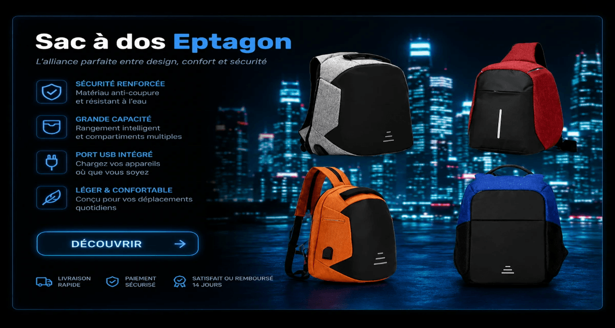 Sac à dos connecté Eptagon – antivol, design moderne, ports USB intégrés et sécurité renforcée pour les déplacements. Sac à dos connecté Eptagon – antivol, design moderne, ports USB intégrés et sécurité renforcée pour les déplacements.