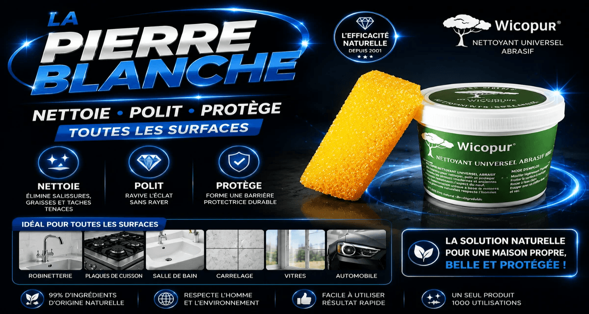 Pierre d’argile blanche naturelle Wicopur pour nettoyage écologique multi-surfaces – sans produits chimiques. Pierre d’argile blanche naturelle Wicopur pour nettoyage écologique multi-surfaces – sans produits chimiques.