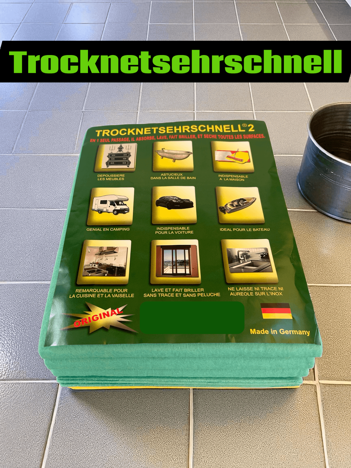 Serpillière microfibre verte Trocknetsehrschnell – sèche ultra-rapidement et nettoie sans traces tous les sols. Serpillière microfibre verte Trocknetsehrschnell – sèche ultra-rapidement et nettoie sans traces tous les sols.