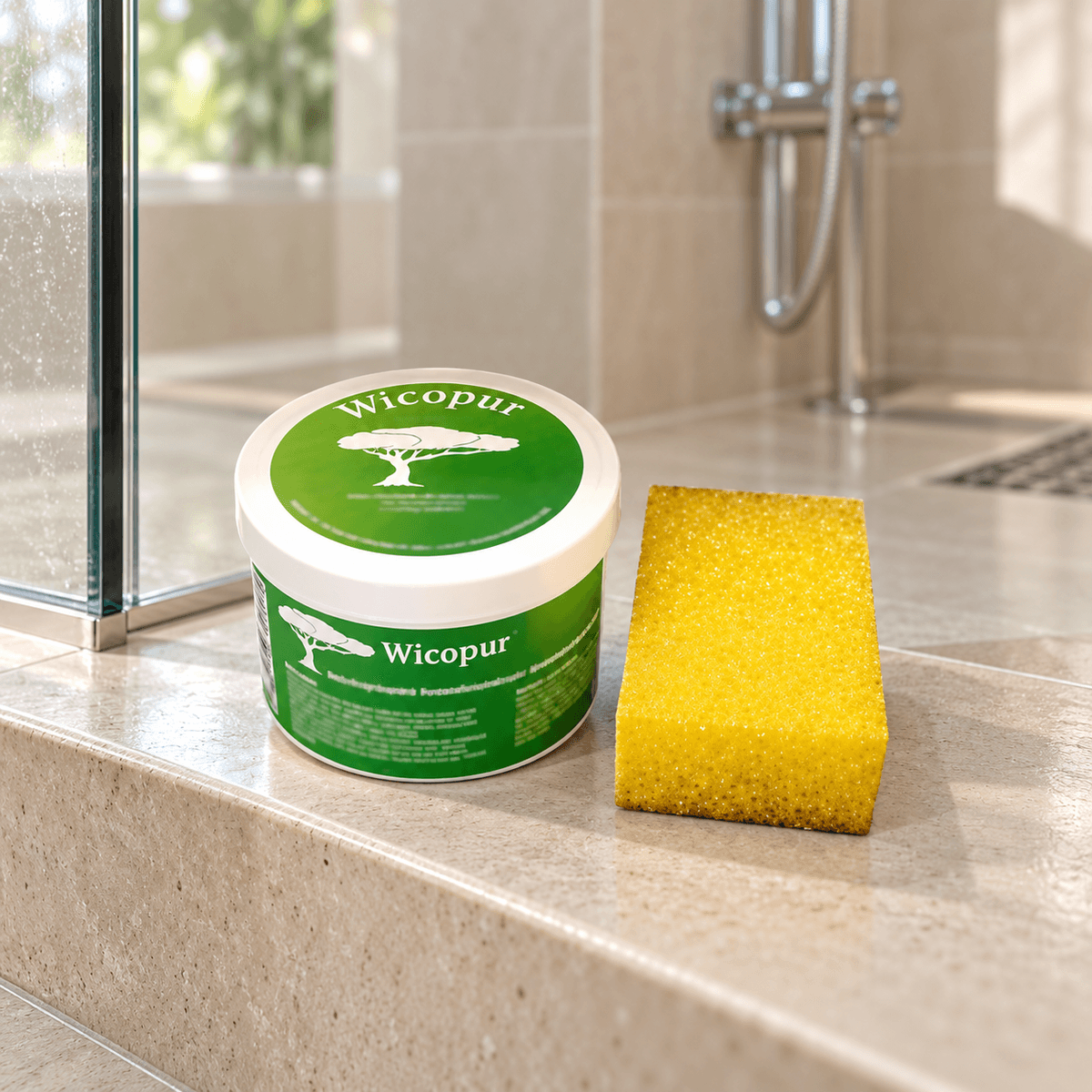 Pot de pierre blanche Wicopur et éponge jaune au bord d’une douche. Pot de pierre blanche Wicopur et éponge jaune au bord d’une douche.