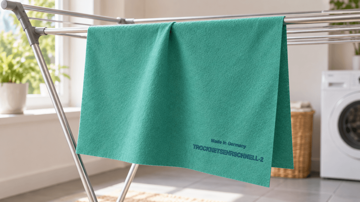 Serpillière verte TrocknetSehrSchnell étendue sur un étendoir pour sécher à l’air libre après le lavage. Serpillière verte TrocknetSehrSchnell étendue sur un étendoir pour sécher à l’air libre après le lavage.