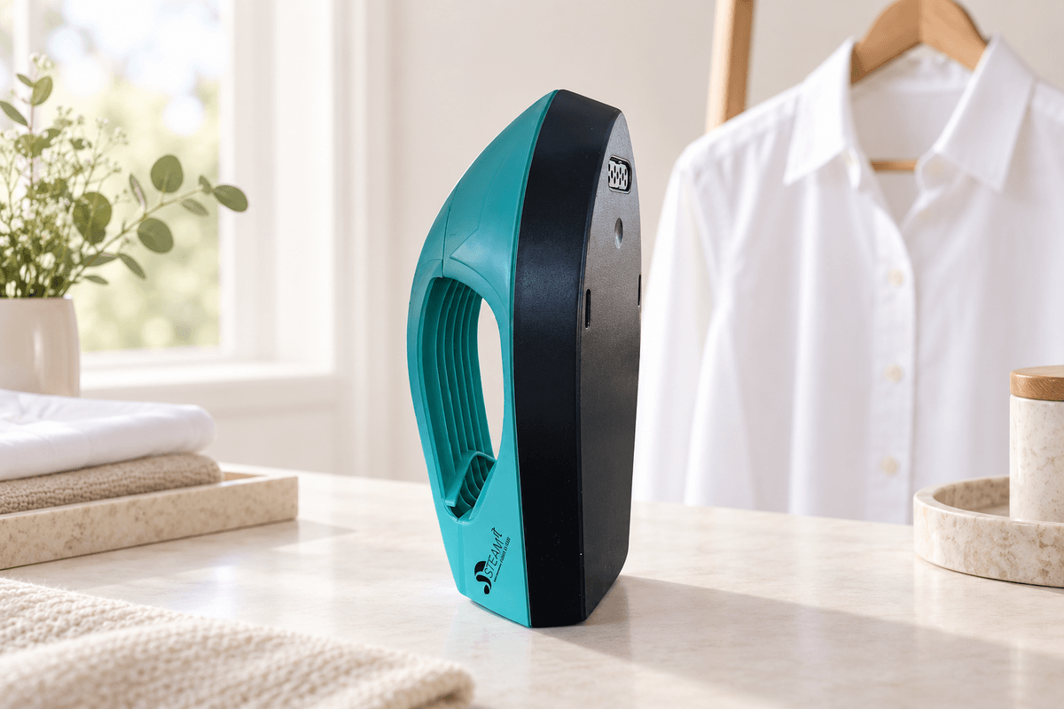 Steam-it : Mini fer vapeur Steam-it turquoise et noir devant une chemise blanche sur cintre. Steam-it : Mini fer vapeur Steam-it turquoise et noir devant une chemise blanche sur cintre.