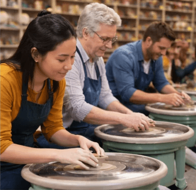 Beginner pottery class working at the wheel in Rotorua Beginner pottery class working at the wheel in Rotorua
