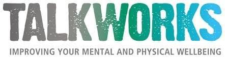 A logo. Uppercase text says TALKWORKS. The colour graduates from grey, to green to blue. Grey text underneath says Improving Your Mental And Physical Wellbeing A logo. Uppercase text says TALKWORKS. The colour graduates from grey, to green to blue. Grey text underneath says Improving Your Mental And Physical Wellbeing