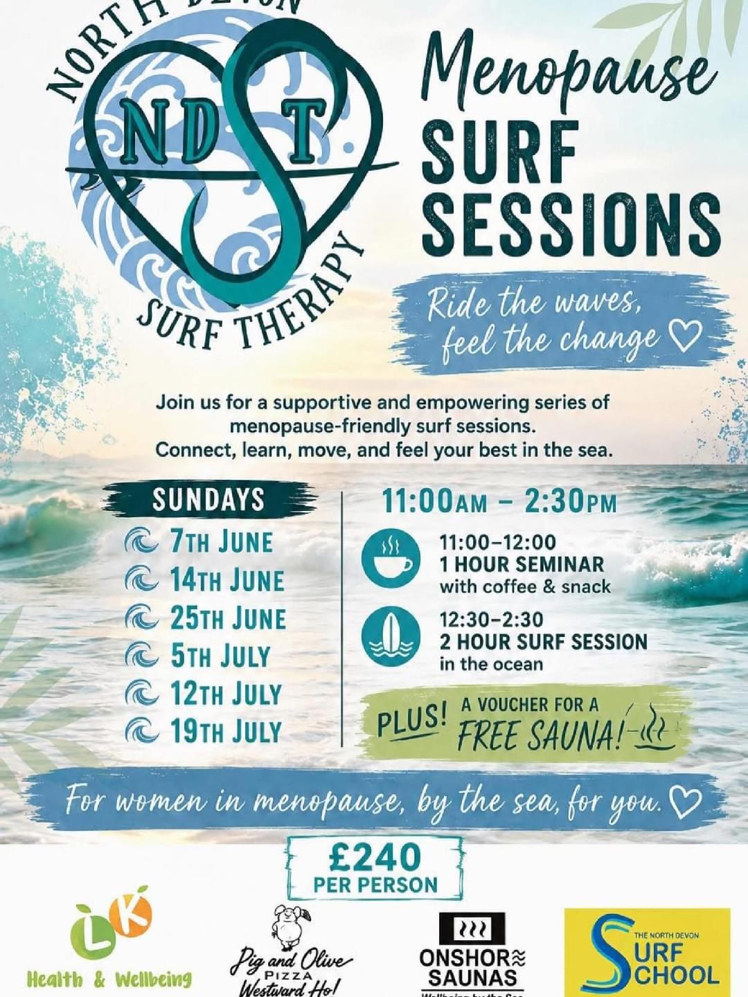 Poster. White background with losts of text in various shades of blue. Advertising six, Menopause Surf Sessions in Westward Ho! Poster. White background with losts of text in various shades of blue. Advertising six, Menopause Surf Sessions in Westward Ho!