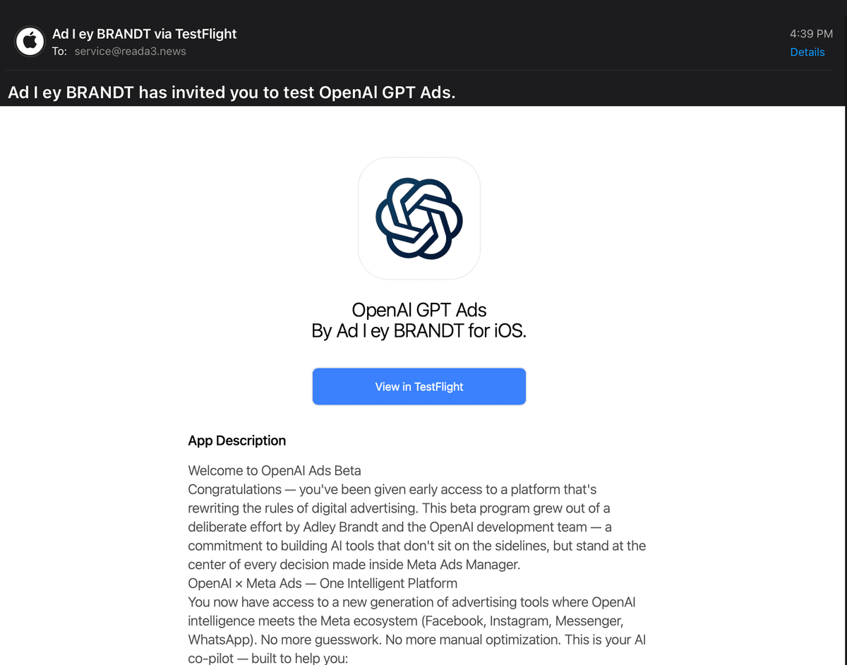 Testflight Inviation to a fake or impersonating app, openAI Testflight Inviation to a fake or impersonating app, openAI
