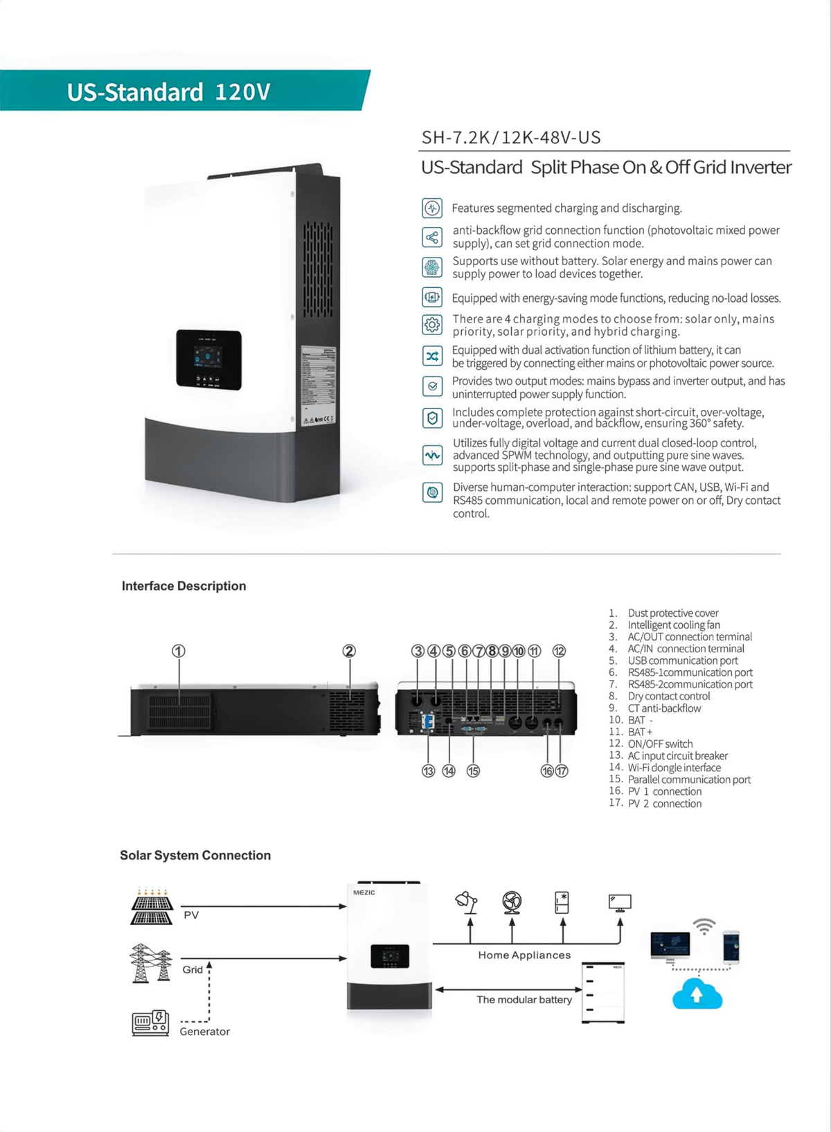 12KW IP21 US-Standard Split Phase On & Off Grid Inverter