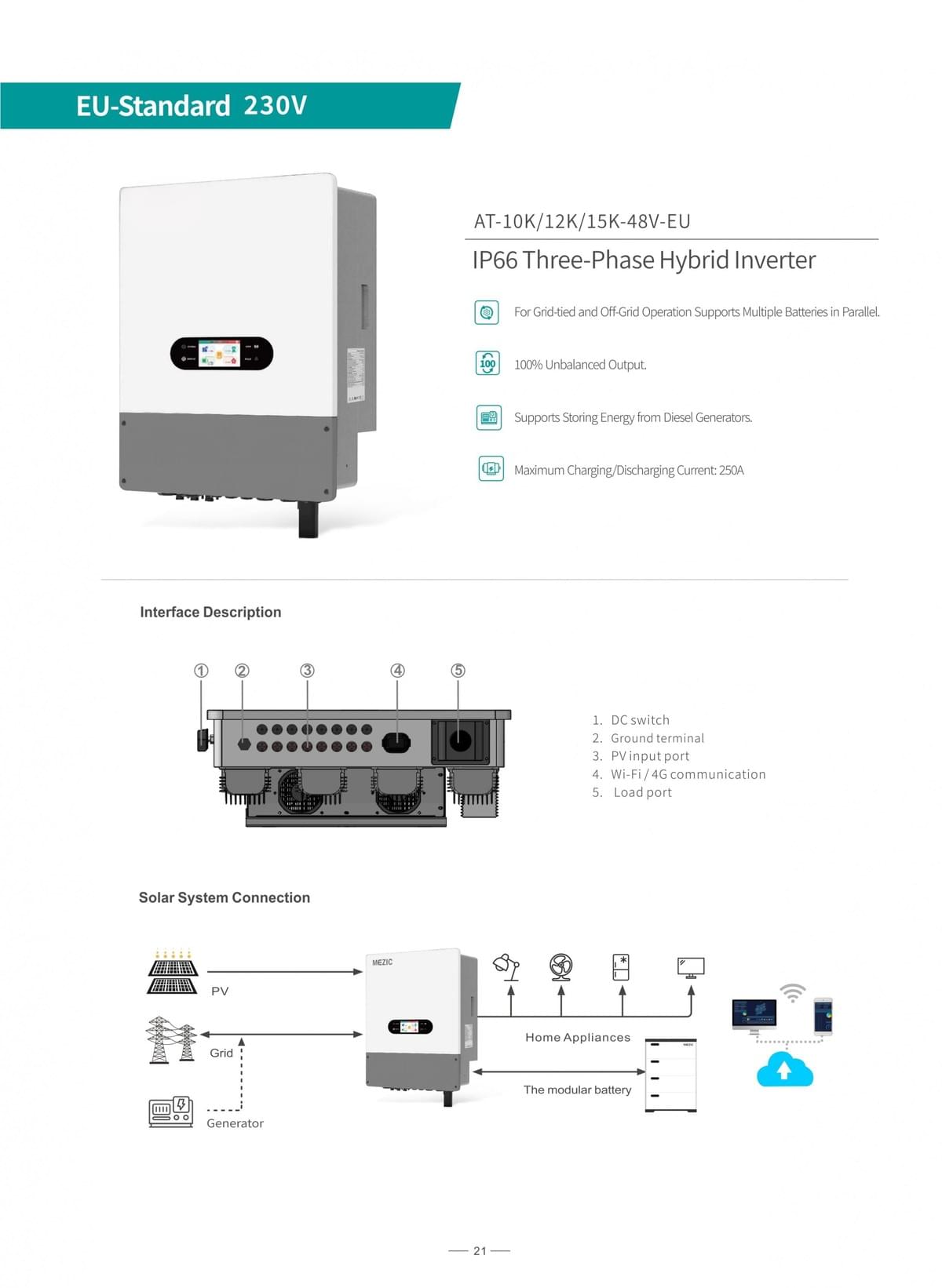 10KW 12KW 15KW IP66 Three-Phase Hybrid Inverter