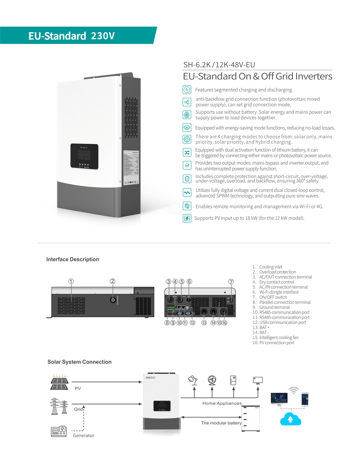 1.2KW 2.2KW 4.2KW IP21 EU-Standard On & Off Grid Inverter