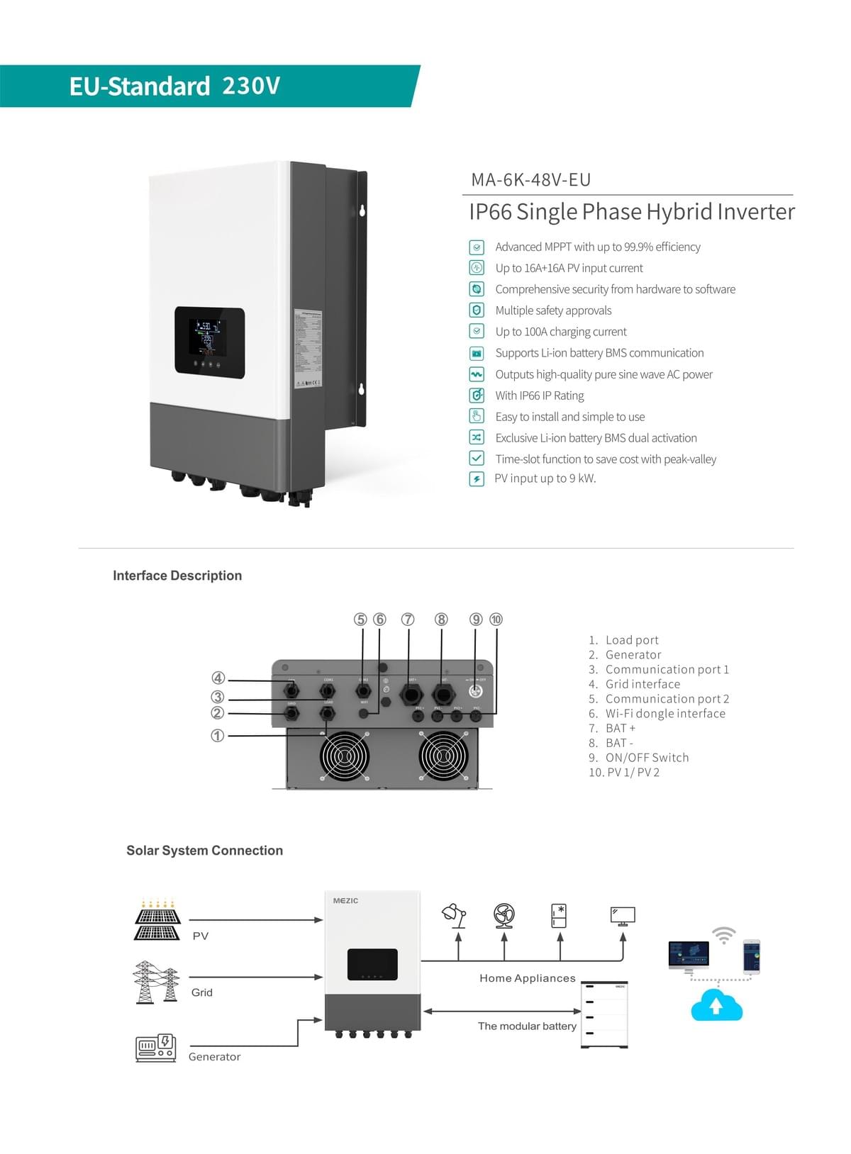6KW IP66 Single Phase Hybrid Inverter