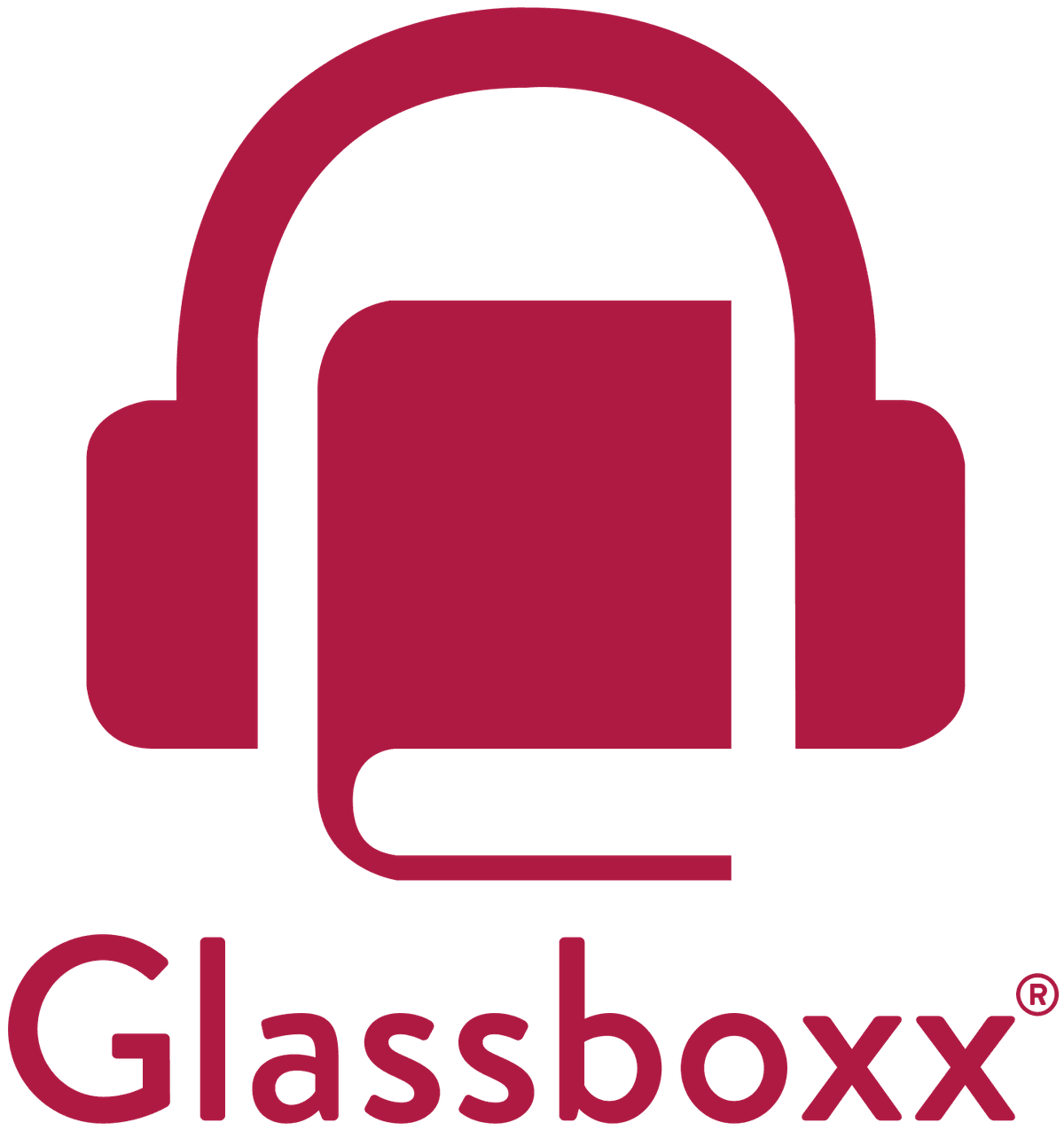 Glassboxx logo red on white with company name at the bottom and stylized book and headphones around the book above the company name Glassboxx logo red on white with company name at the bottom and stylized book and headphones around the book above the company name