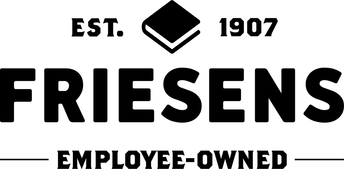 Wordmark for Friesens with Est. 1907 book icon and employee-owned all in black type on white background Wordmark for Friesens with Est. 1907 book icon and employee-owned all in black type on white background
