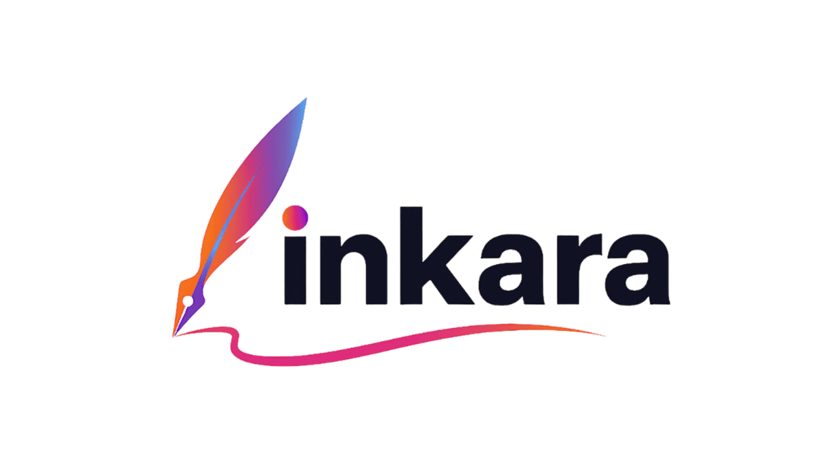 Colorful feather pen icon beside Inkara wordmark with curved ink stroke beneath Colorful feather pen icon beside Inkara wordmark with curved ink stroke beneath