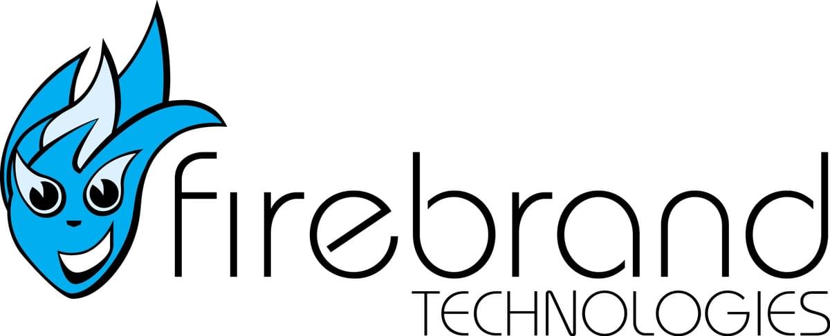 Stylized blue flame face with bold eyes next to Firebrand Technologies text Stylized blue flame face with bold eyes next to Firebrand Technologies text